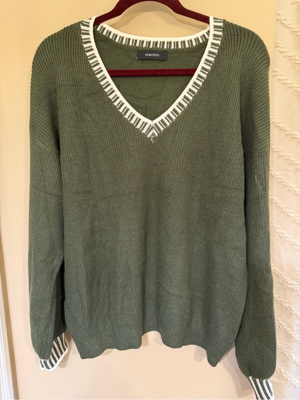 DokoToo Olive V-Neck Sweater with White Contrast Trim